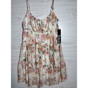Trixxi brand sheer Peach floral overlay tiered mini dress Sz Large